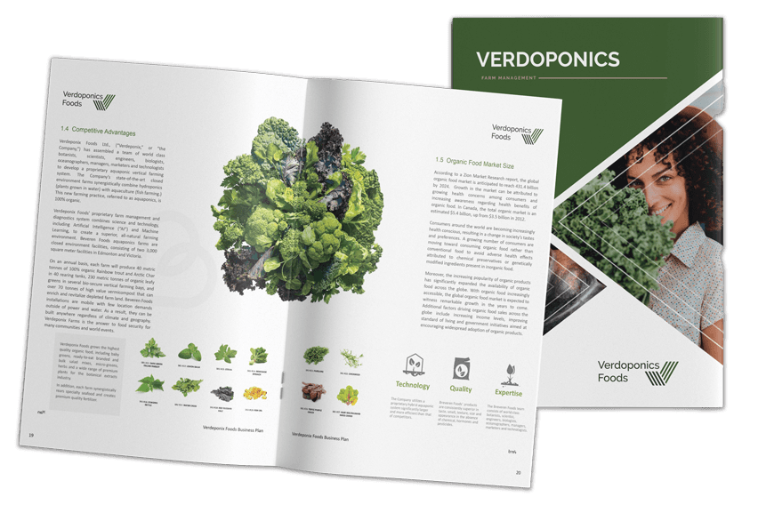 Verdeponix aquaponics business plan, open spread with farm renderings