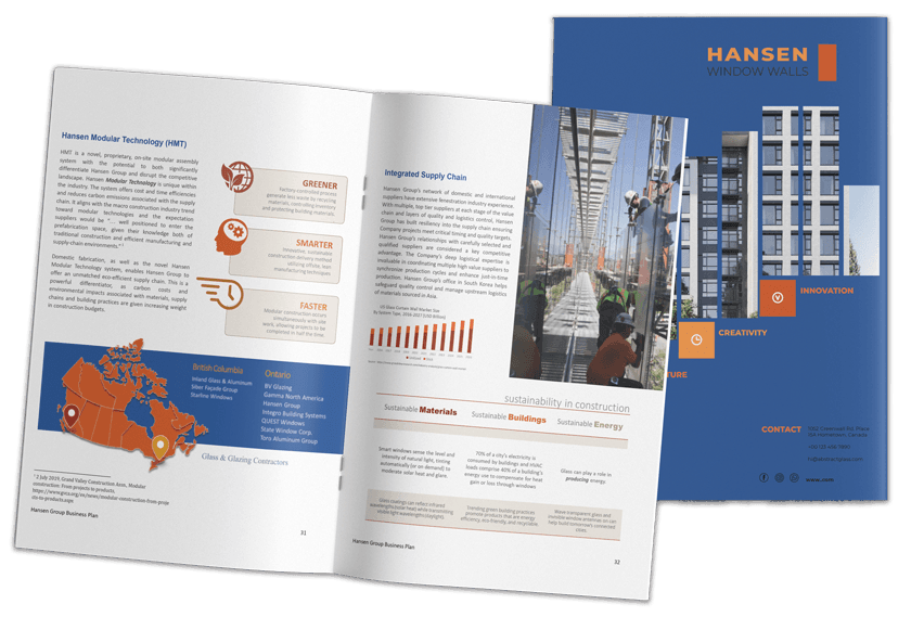 Hansen Window Walls business plan, open spread with architectural photography