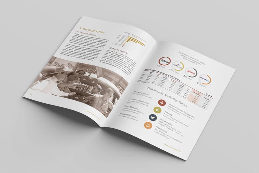 Tribute Films business plan, open spread in dark red and grey