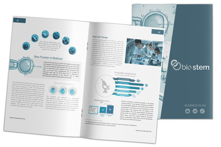 Bio Stem Cell business plan, open spread with scientific infographics