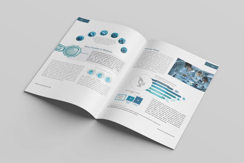 Bio Stem Cell business plan, open spread with scientific infographics