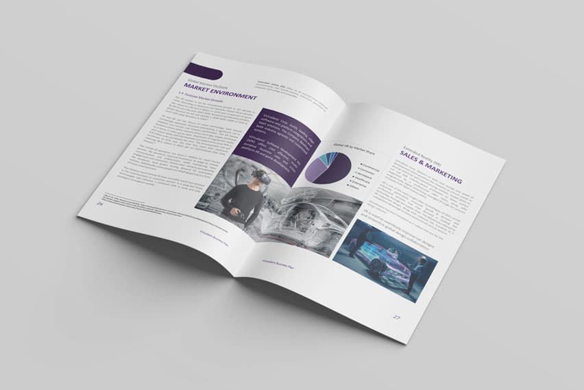 Virtualexis metaverse and VR business plan, open spread in purple and grey