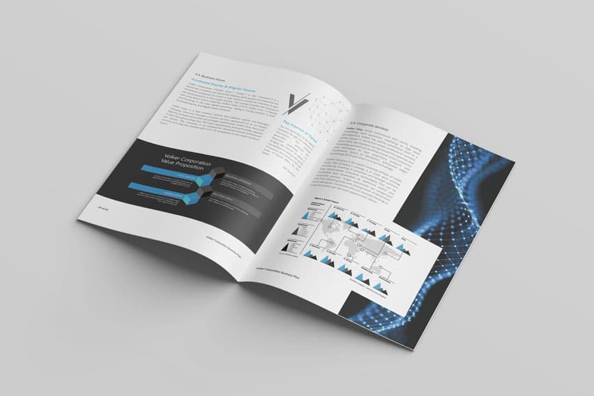 Volker Crypto blockchain incubator business plan, open spread in black, grey and blue