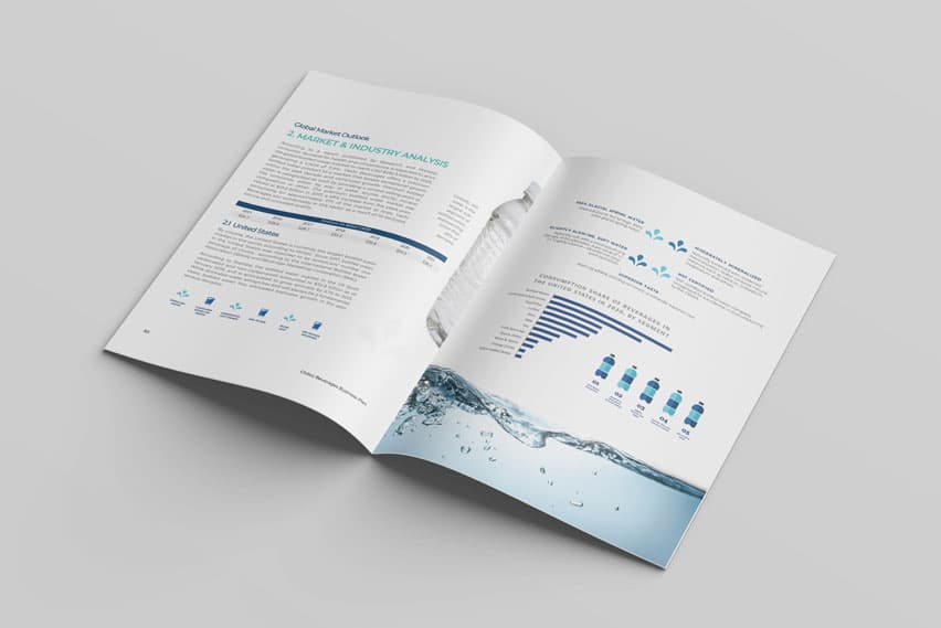 Chilco Water bottling and consumer goods business plan, open spread in blues